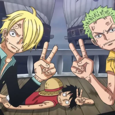 Luffy, Zoro and Sanji posing together with peace signs in a funny One Piece trio meme