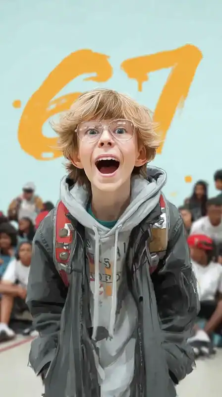 young boy from the 67 meme with the number 67 in the background in a surreal meme image