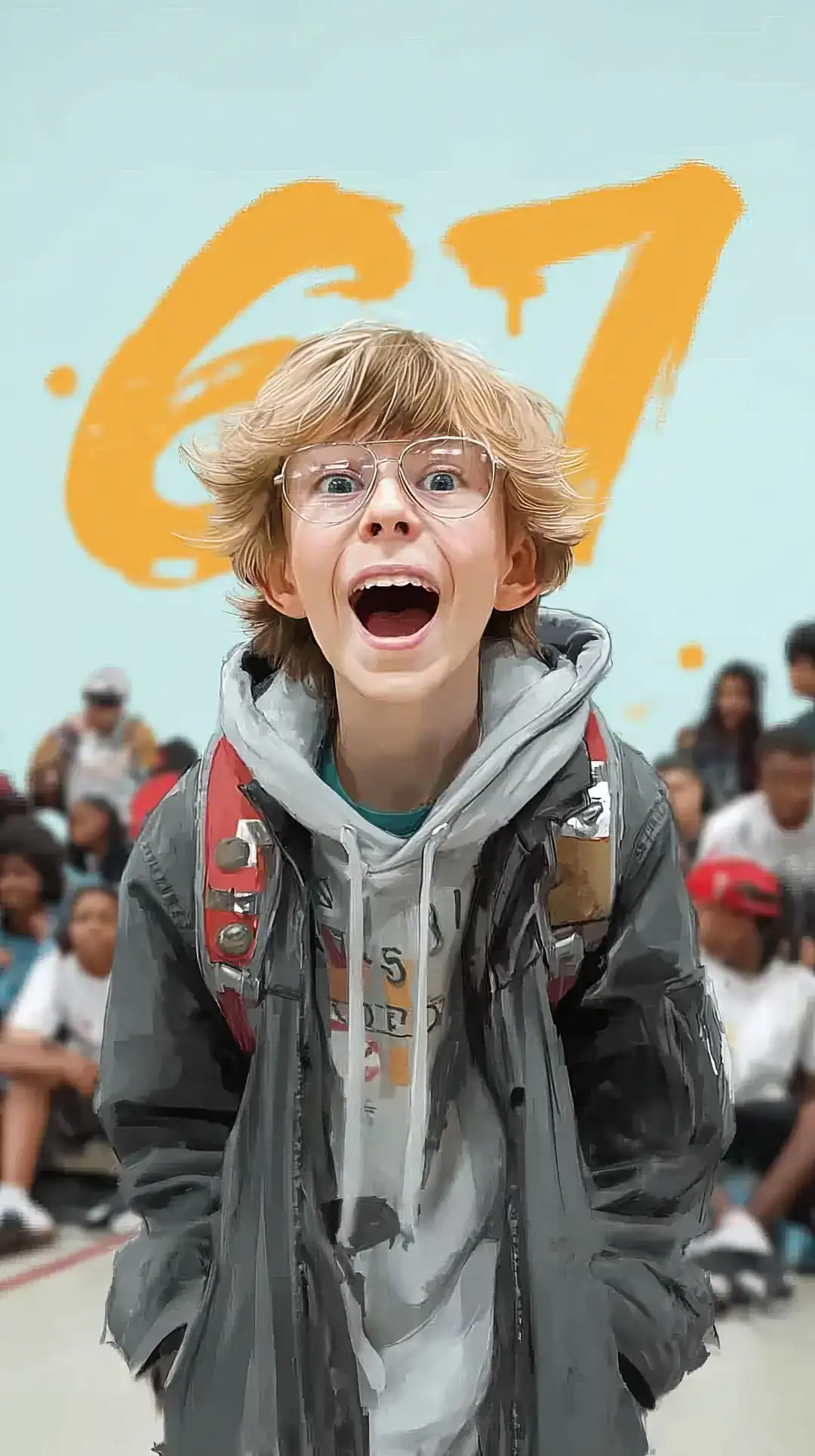 young boy from the 67 meme with the number 67 in the background in a surreal meme image