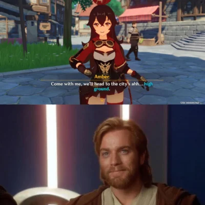 Amber Genshin Impact meme where Amber mentions the high ground and Obi-Wan Kenobi reacts with visible happiness