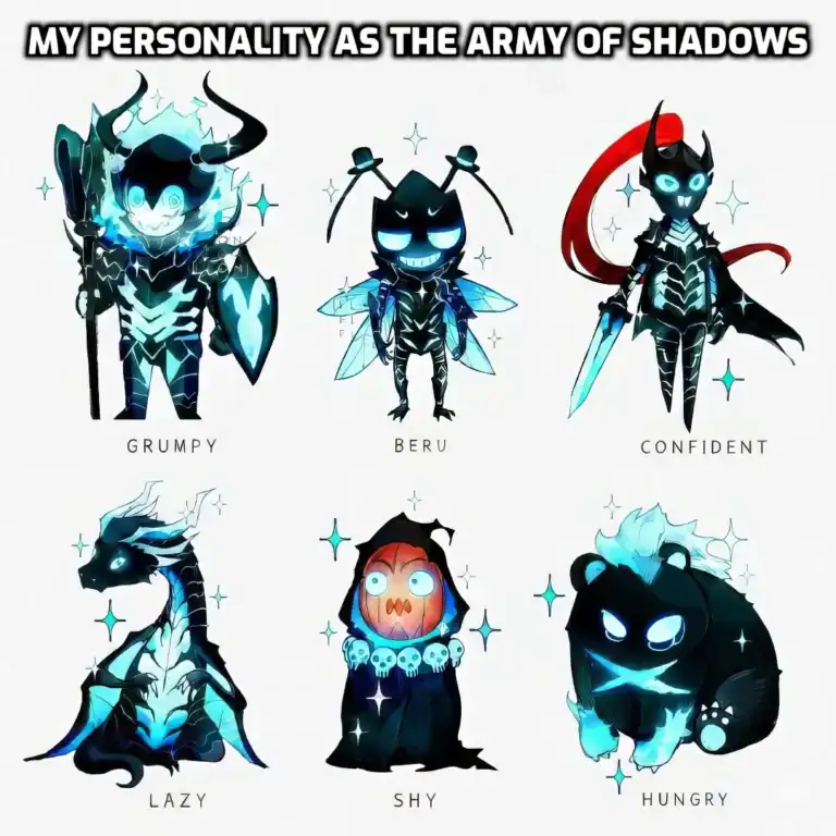 Army of shadows personalities meme Solo Leveling Beru Igris grumpy confident lazy shy hungry HD