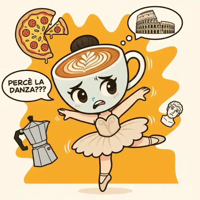 Ballerina Cappuccina Italian brainrot meme showing a cappuccino cup dressed as a ballerina with Italian cultural references