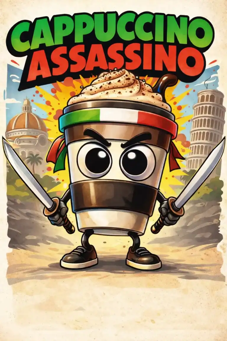 Cappuccino Assassino italian brainrot meme character holding knives in a cartoon style HD image