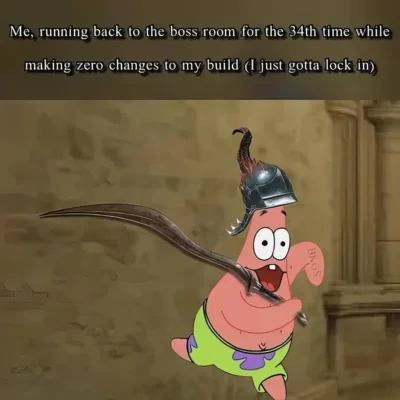 Elden Ring boss run meme showing Patrick Star running with a weapon and helmet toward a boss room