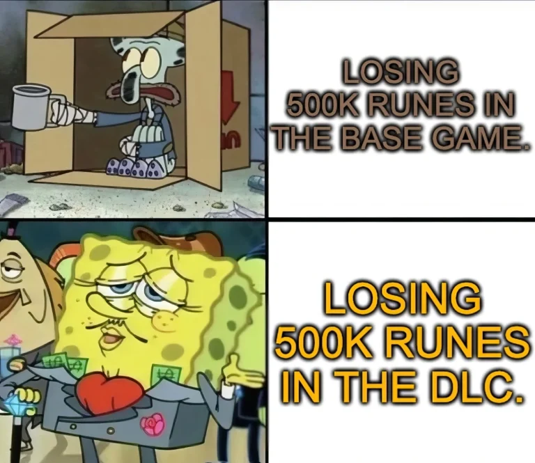 Elden Ring runes meme using SpongeBob SquarePants showing base game versus DLC reaction