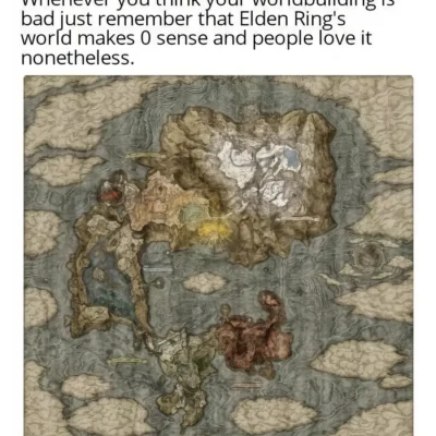 Elden Ring worldbuilding meme showing the game map with text joking about the world making no sense