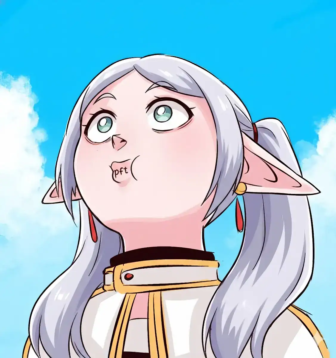 Frieren Face Meme – Cute Anime Portrait Image HD HD Meme Frieren face meme with puffed cheeks and blank expression from Frieren Beyond Journey’s End