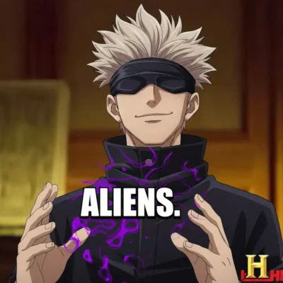 Satoru Gojo reaction meme saying aliens from Jujutsu Kaisen anime