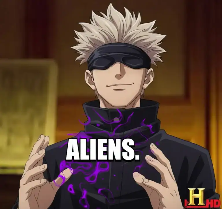 Satoru Gojo reaction meme saying aliens from Jujutsu Kaisen anime