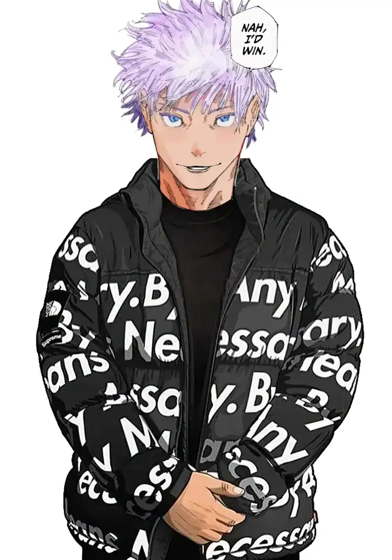 Satoru Gojo Drip illustration meme with the quote nah I'd win from Jujutsu Kaisen