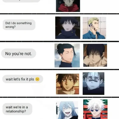 Jujutsu Kaisen group chat breakup meme featuring multiple characters reacting to a breakup message