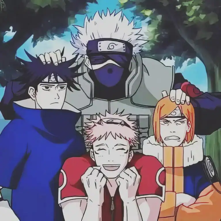 Jujutsu Kaisen main characters cosplaying Naruto Team 7 in an anime crossover meme