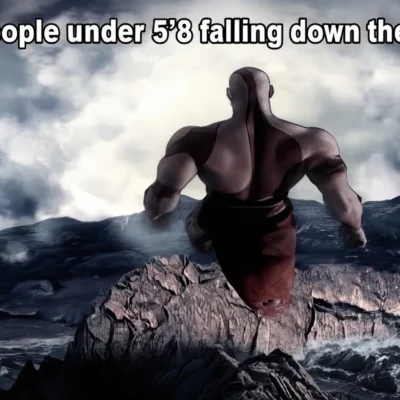 Kratos falling meme showing Kratos descending dramatically with the text people under 5’8 falling down the stairs
