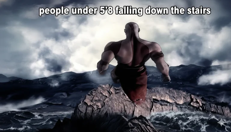 Kratos falling meme showing Kratos descending dramatically with the text people under 5’8 falling down the stairs