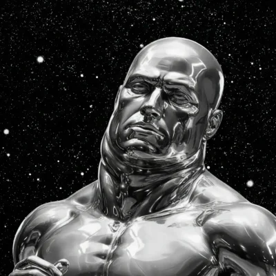 Lacy silver surfer meme featuring a chrome muscular figure in space with a serious expression