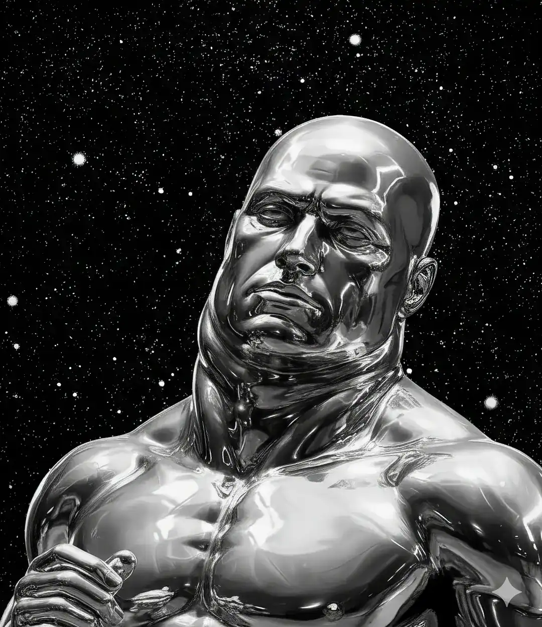 Lacy silver surfer meme featuring a chrome muscular figure in space with a serious expression