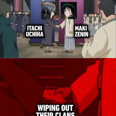 Maki Zenin and Itachi Uchiha meme about wiping out their clans