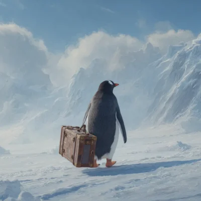 Nihilist Penguin meme of a penguin walking through snow with baggage