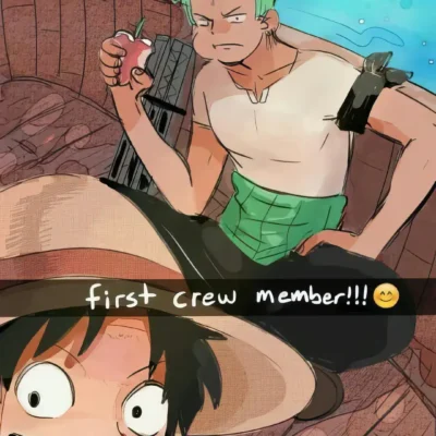 One Piece meme of Zoro as the first crew member with Luffy reacting