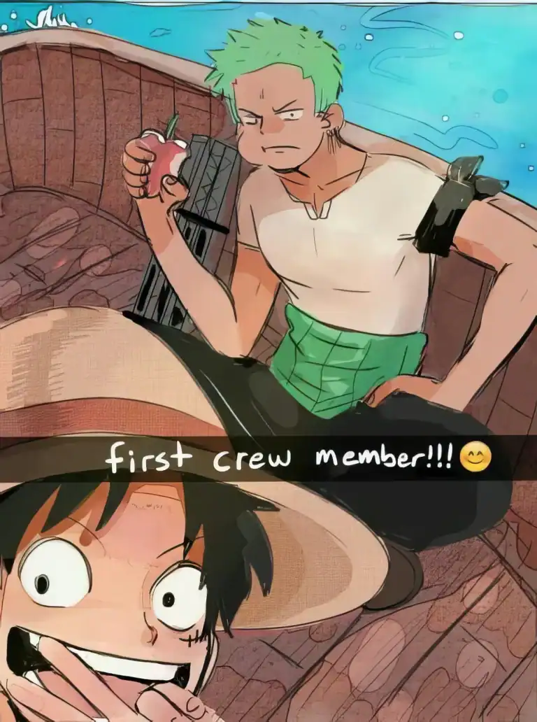 One Piece meme of Zoro as the first crew member with Luffy reacting