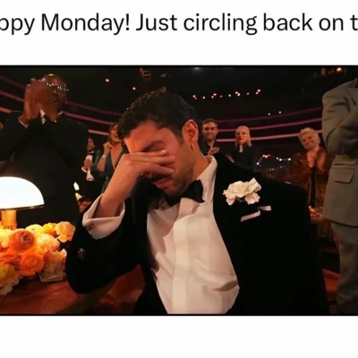 Bad Bunny meme at the 2026 Grammys reacting emotionally with hand over his eyes after winning Album of the Year