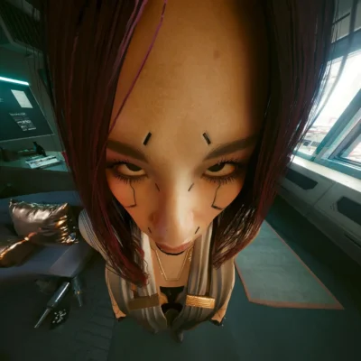 Cyberpunk 2077 meme showing a funny face captured in photo mode.