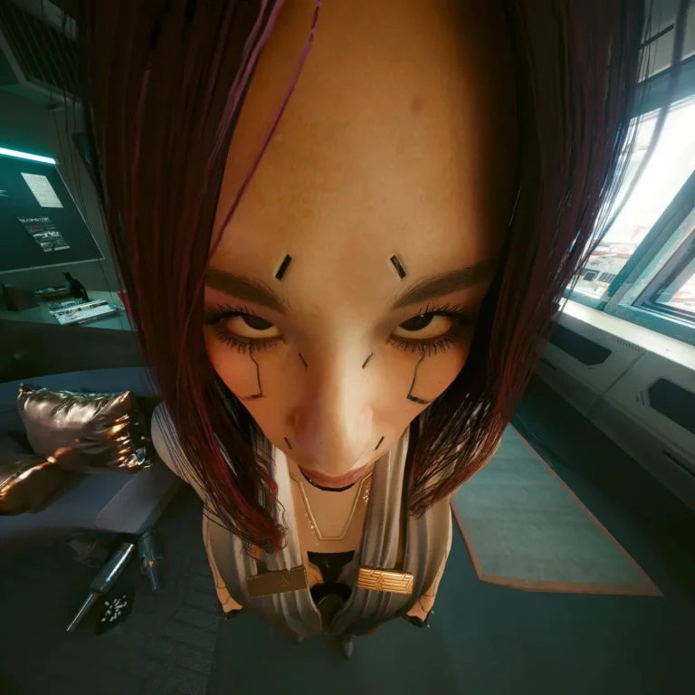 Cyberpunk 2077 meme showing a funny face captured in photo mode.