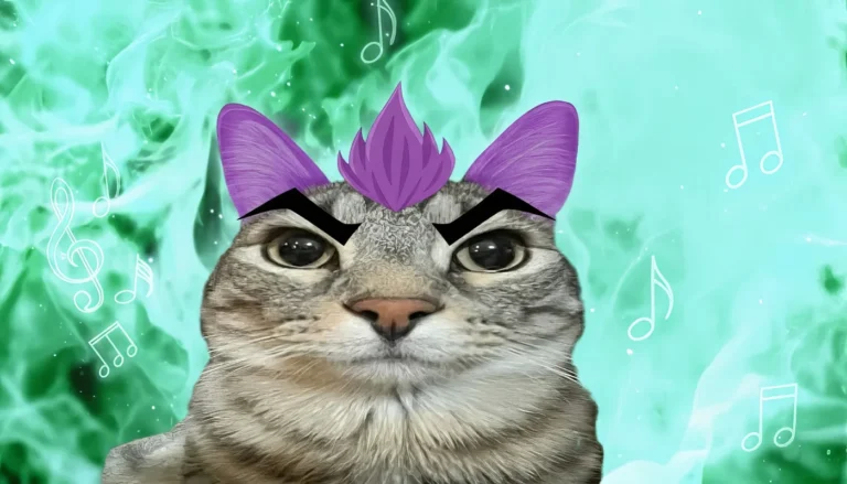 Hakari cat meme from Jujutsu Kaisen with purple hair and intense stare representing jackpot mode