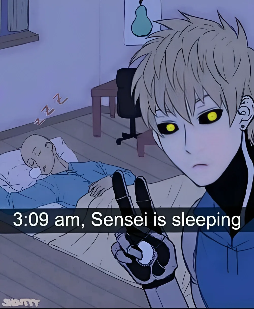 Genos selfie meme Saitama sleeping One Punch Man
