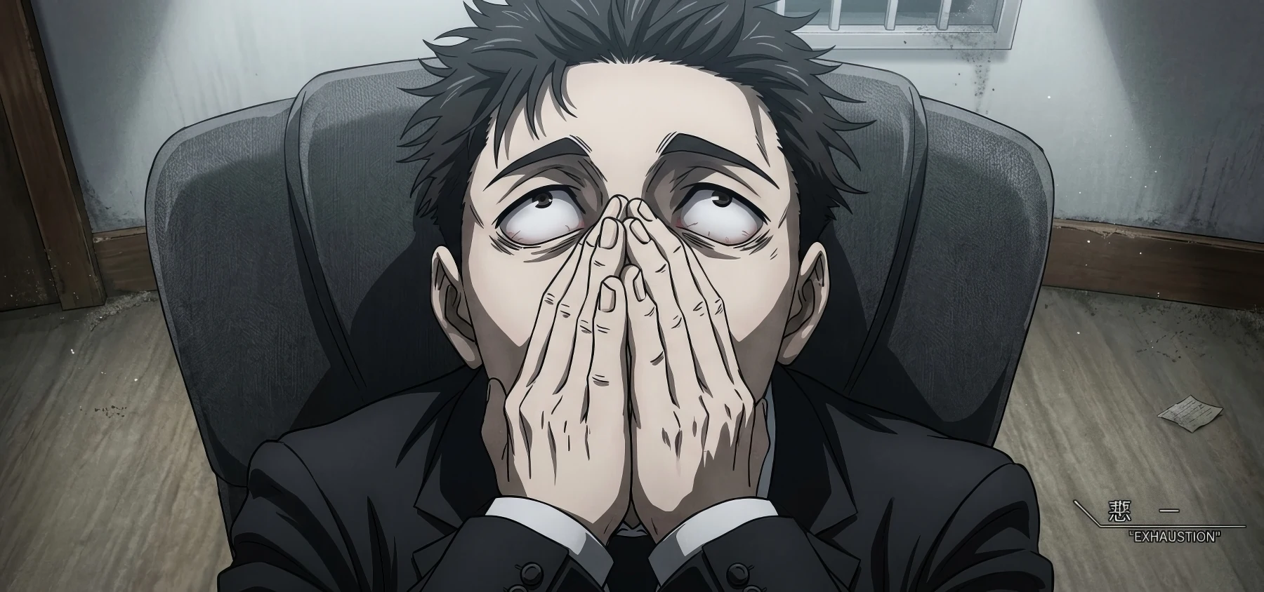 Higuruma burnout meme exhausted anime reaction