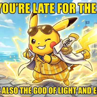 Kizaru Pikachu crossover meme HD 2026 One Piece Pokemon fusion funny free download no watermark marine battlefield lightning