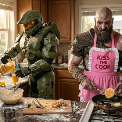 Kratos and Master Chief cooking breakfast meme funny HD God of War Halo crossover free download no watermark gaming
