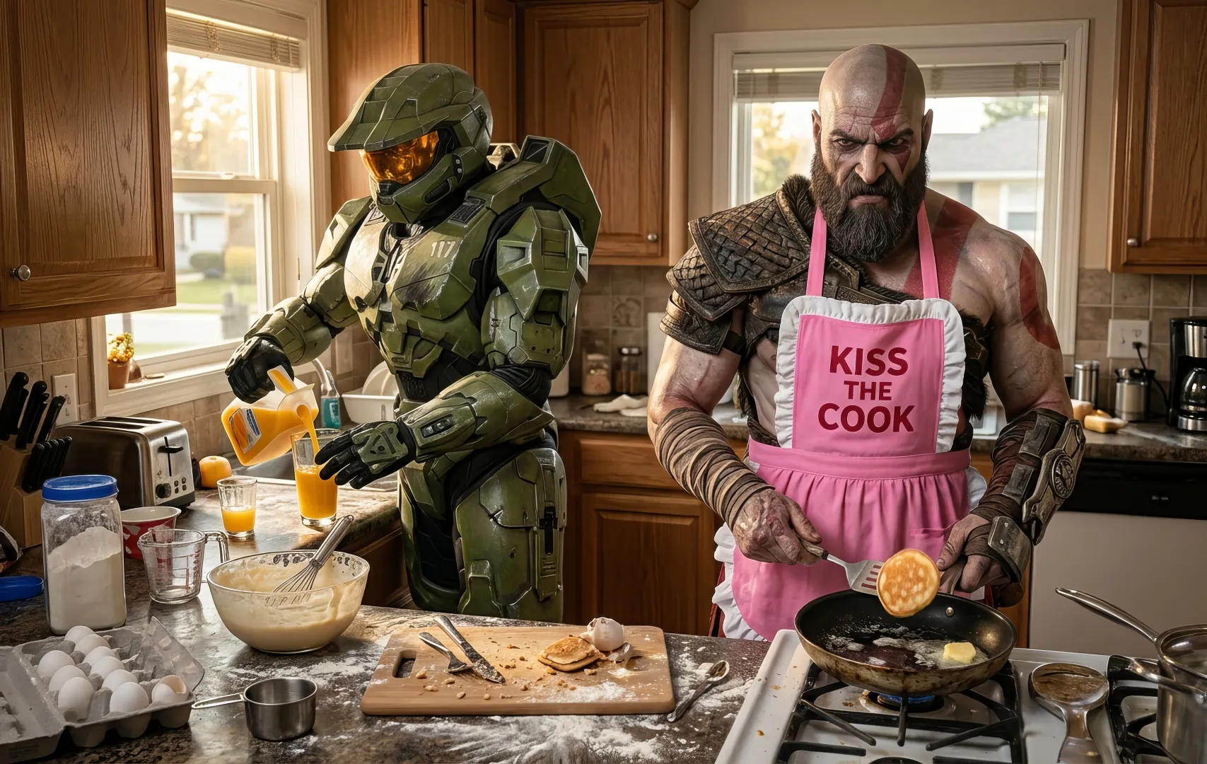 Kratos and Master Chief cooking breakfast meme funny HD God of War Halo crossover free download no watermark gaming