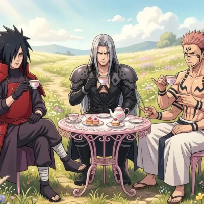 Madara Sephiroth Sukuna tea party crossover meme HD anime gaming villain funny free download no watermark flower field