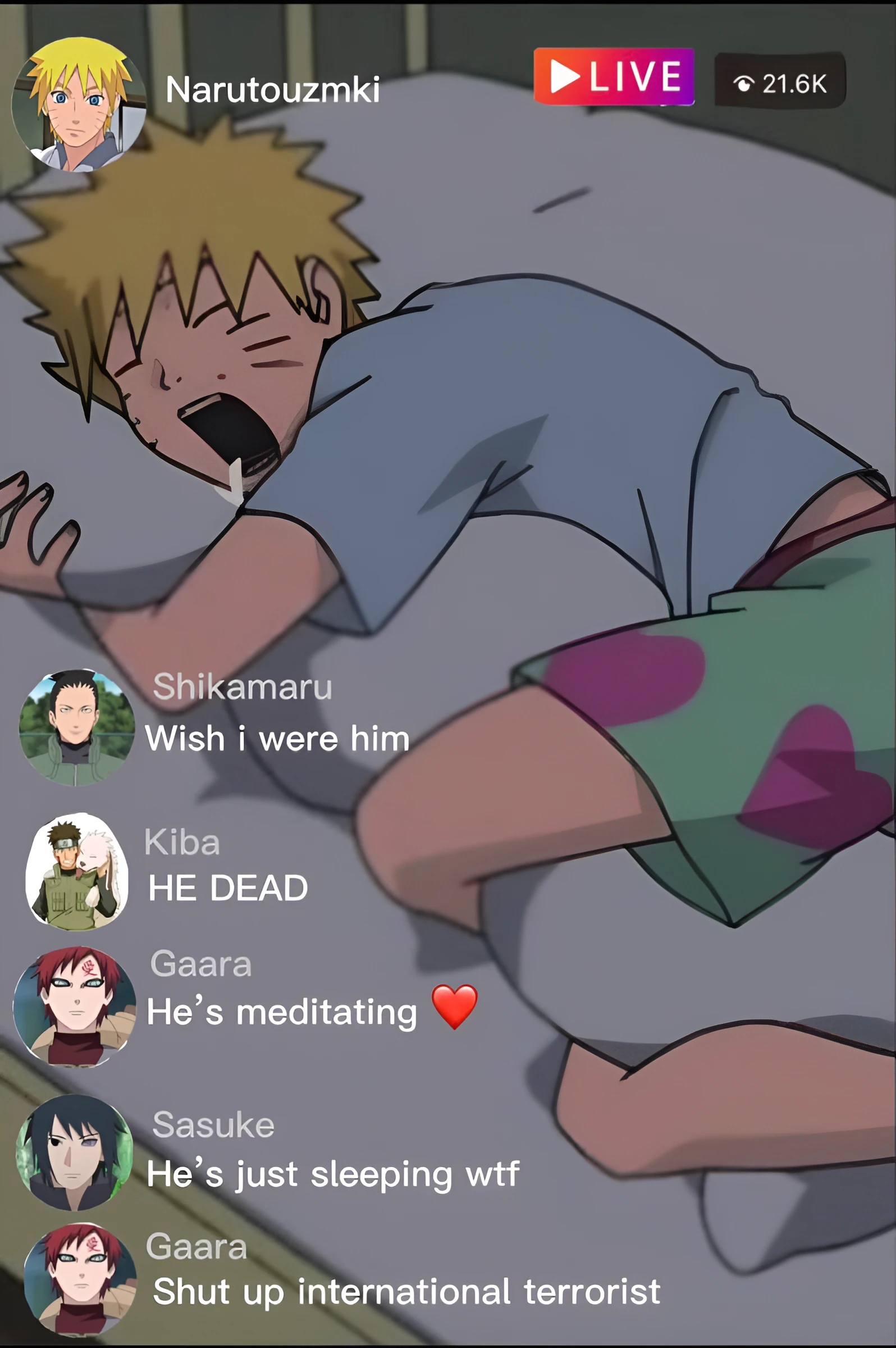 Naruto sleeping meme Instagram live comments