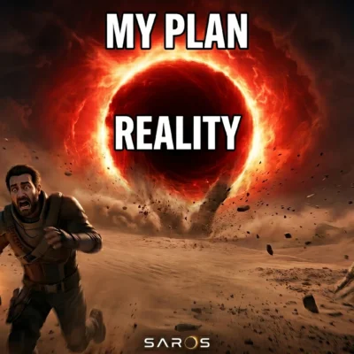 Saros my plan vs reality meme running from portal HD gaming funny image free download no watermark high resolution