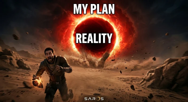 Saros my plan vs reality meme running from portal HD gaming funny image free download no watermark high resolution