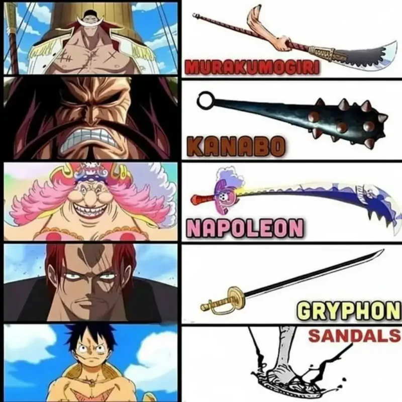 Monkey D. Luffy wearing sandals meme from One Piece anime, funny reaction image in HD