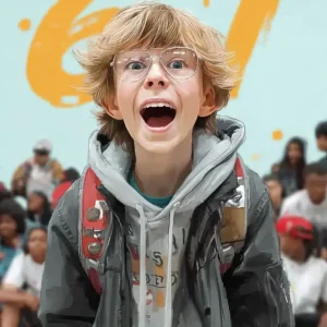 young boy from the 67 meme with the number 67 in the background in a surreal meme image